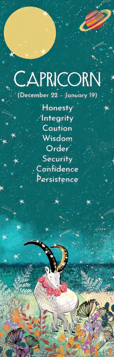 Capricorn zodiac bookmark featuring a sea-goat illustration with ornate horns and a pink floral garland, set against a teal starry night sky, with a yellow moon and a red-ringed planet. The bookmark lists Capricorn traits: Honesty, Integrity, Caution, Wisdom, Order, Security, Confidence, Persistence, for December 22 - January 19 birthdays.