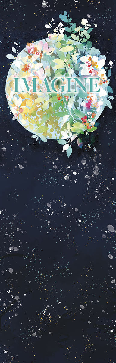 Imagine Flower World bookmark featuring vibrant floral designs on a light sphere against a dark, starry background.