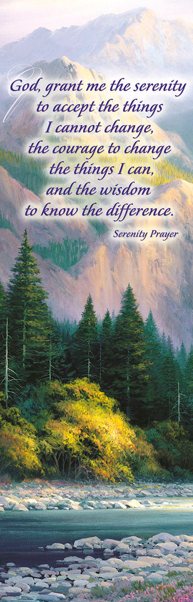 Serenity Prayer bookmark with "God grant me the serenity" text on a peaceful mountain, forest, and river landscape.