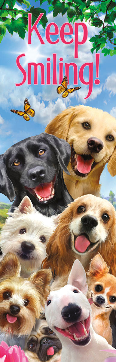 Close-up of the 'Keep Smiling!' bookmark featuring a joyful group of diverse dog breeds and butterflies under a blue sky.