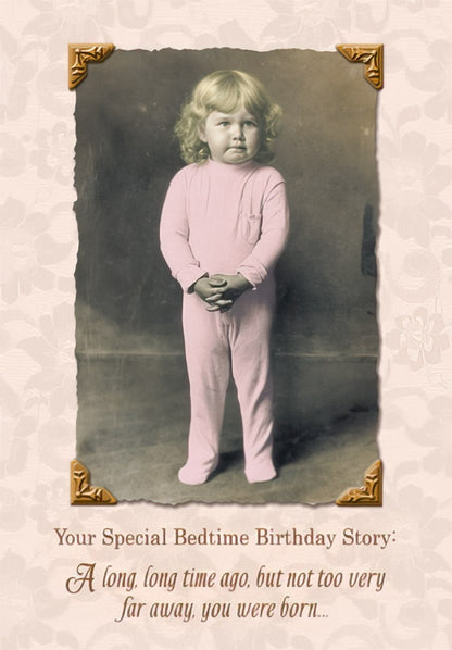 Maggie Mae card with vintage photo of a young child in pink pajamas, 'Your Special Bedtime Birthday Story'.