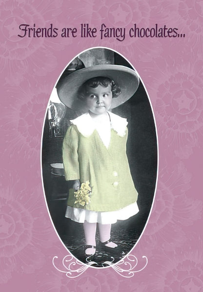 Maggie Mae card with vintage photo of a child in a large hat, text 'Friends are like fancy chocolates...'.