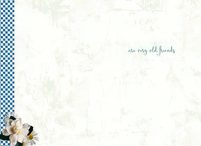 Inside of a Maggie Mae card with subtle map background and text 'are very old friends.'.