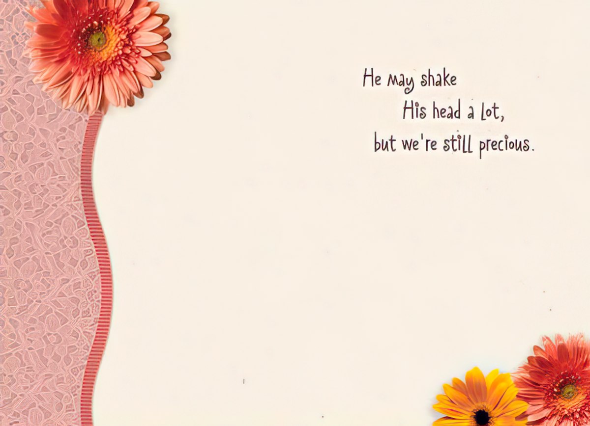 Inside of a Maggie Mae card with floral and patterned background and text 'He may shake His head a lot, but we're still precious.'.