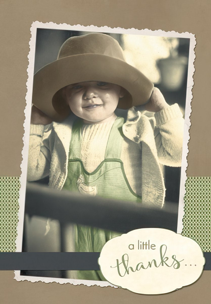 Maggie Mae card with vintage photo of a smiling child in a hat, text 'a little thanks...'.