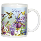 White ceramic mug featuring the word 'Love', a hummingbird, yellow butterflies, and vibrant purple and white iris flowers, viewed from the front with the handle on the right.