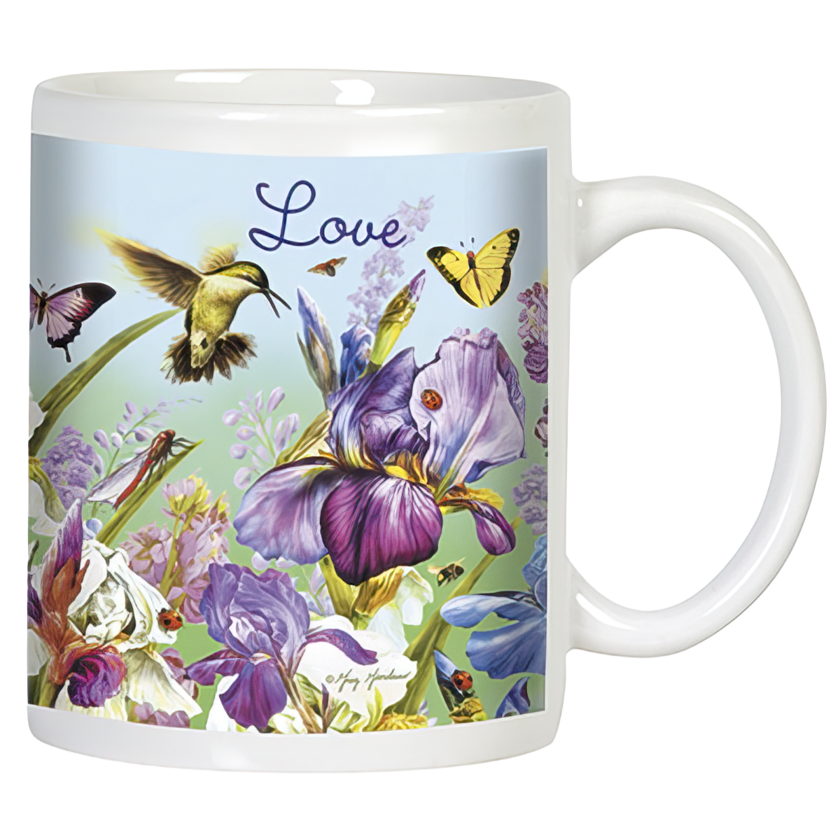 White ceramic mug featuring the word 'Love', a hummingbird, yellow butterflies, and vibrant purple and white iris flowers, viewed from the front with the handle on the right.