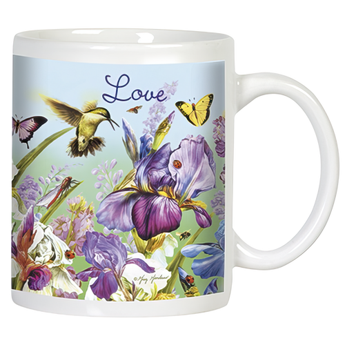 White ceramic mug featuring the word 'Love', a hummingbird, yellow butterflies, and vibrant purple and white iris flowers, viewed from the front with the handle on the right.