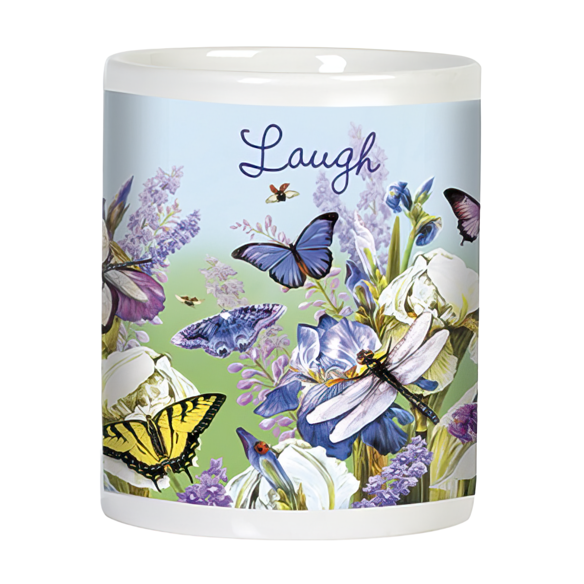 Side view of a white ceramic mug with 'Laugh' written on it, decorated with blue butterflies, dragonflies, and blooming purple and white iris flowers against a light blue and green background.