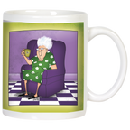 Front view of a white ceramic mug featuring a cartoon illustration of a sassy elderly woman with white hair and glasses, wearing a green floral dress, relaxing in a purple armchair with a patterned green cup in hand. The background depicts a purple wall and a black and white checkered floor, bordered by a vibrant green band around the mug. Perfect for a funny grandparent gift.