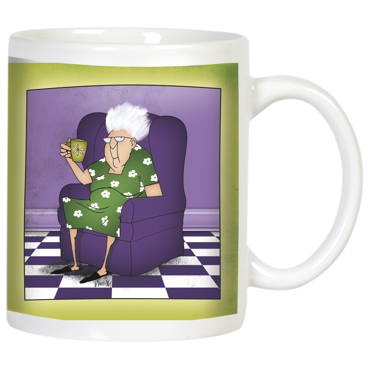Front view of a white ceramic mug featuring a cartoon illustration of a sassy elderly woman with white hair and glasses, wearing a green floral dress, relaxing in a purple armchair with a patterned green cup in hand. The background depicts a purple wall and a black and white checkered floor, bordered by a vibrant green band around the mug. Perfect for a funny grandparent gift.