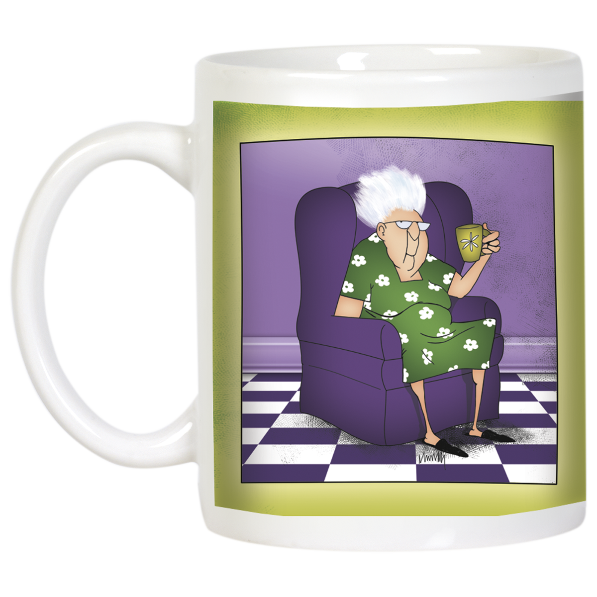 Angled view of the white ceramic mug, highlighting the cartoon of a sassy elderly woman in a purple armchair holding a cup. The mug has a prominent white handle and the character is set against a purple backdrop with a checkered floor, with a green border. This humorous mug is a great gift for her.