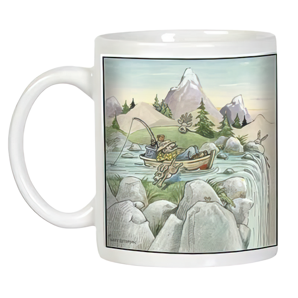 Side profile of the durable white coffee mug, showcasing the full wrap-around design of a serene fishing adventure. An ideal gift mug for friends seeking encouragement and tranquility.