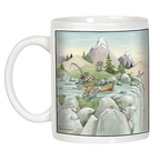 Side profile of the durable white coffee mug, showcasing the full wrap-around design of a serene fishing adventure. An ideal gift mug for friends seeking encouragement and tranquility.