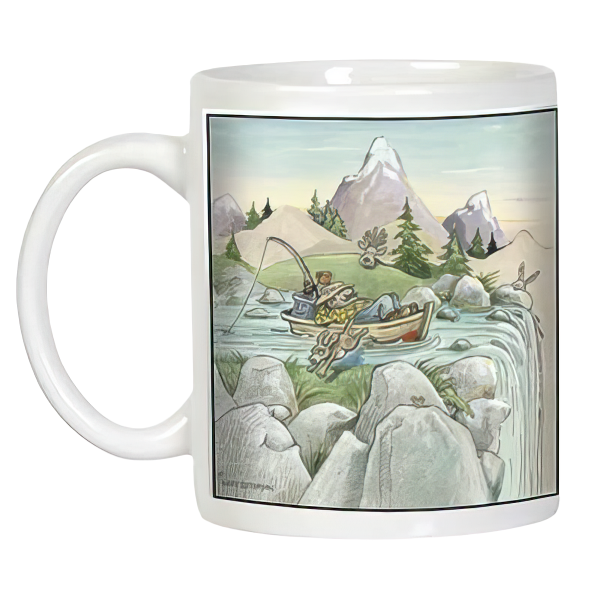 Side profile of the durable white coffee mug, showcasing the full wrap-around design of a serene fishing adventure. An ideal gift mug for friends seeking encouragement and tranquility.