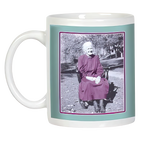 White ceramic mug, side view, showcasing a black and white photo of an elegant elderly woman sitting outdoors, framed in teal and purple, ideal for unique gifts.