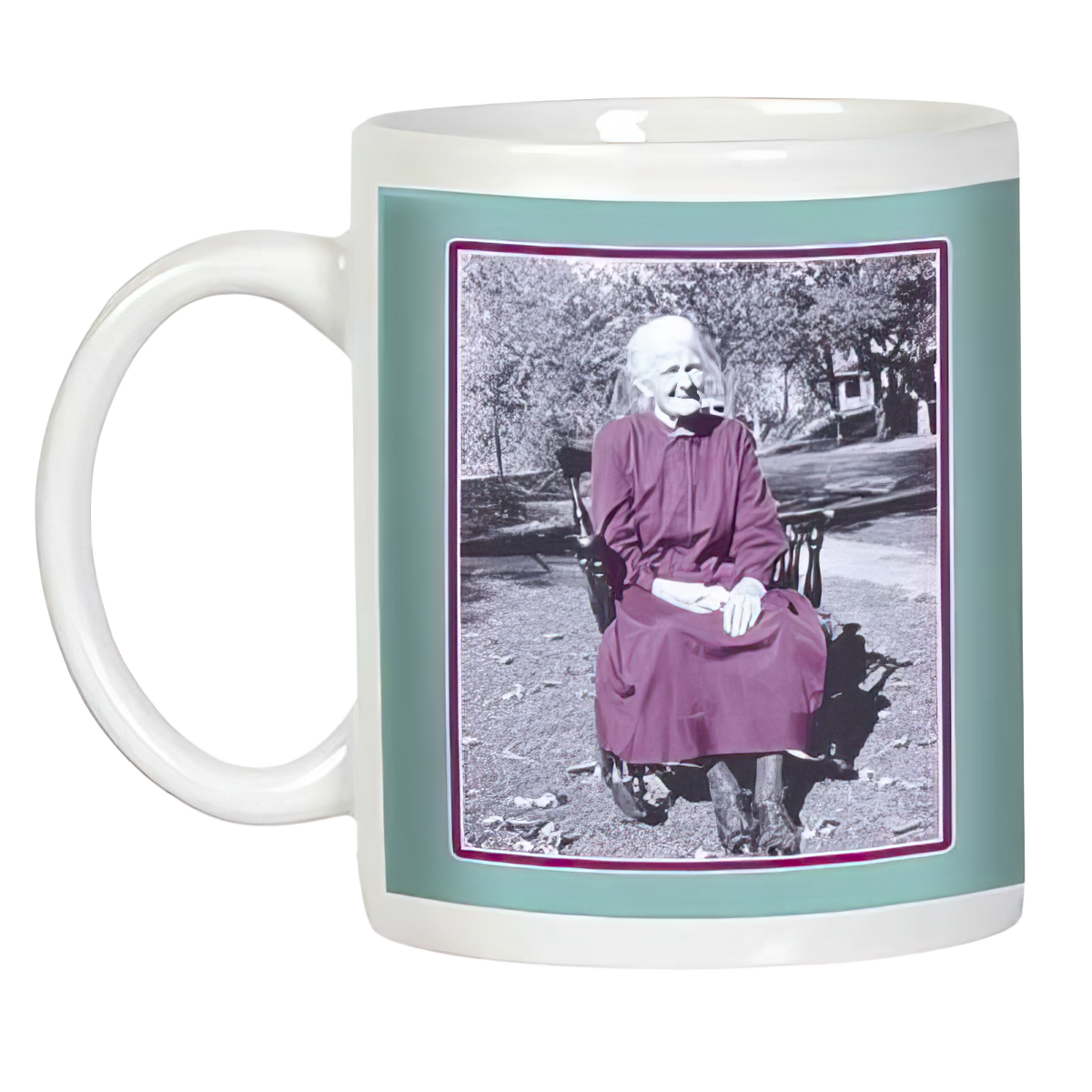 White ceramic mug, side view, showcasing a black and white photo of an elegant elderly woman sitting outdoors, framed in teal and purple, ideal for unique gifts.