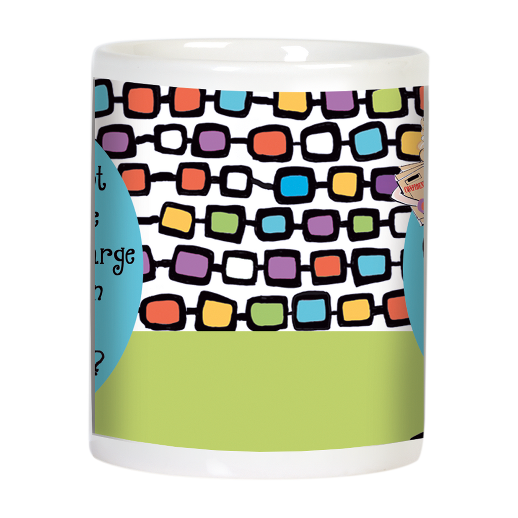 Side view of the Sassy Boss Lady ceramic mug, showcasing the colorful retro geometric pattern and partial text 'Do you want to talk to the man in charge or the woman who knows what's going on?'