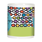 Side view of the Sassy Boss Lady ceramic mug, showcasing the colorful retro geometric pattern and partial text 'Do you want to talk to the man in charge or the woman who knows what's going on?'