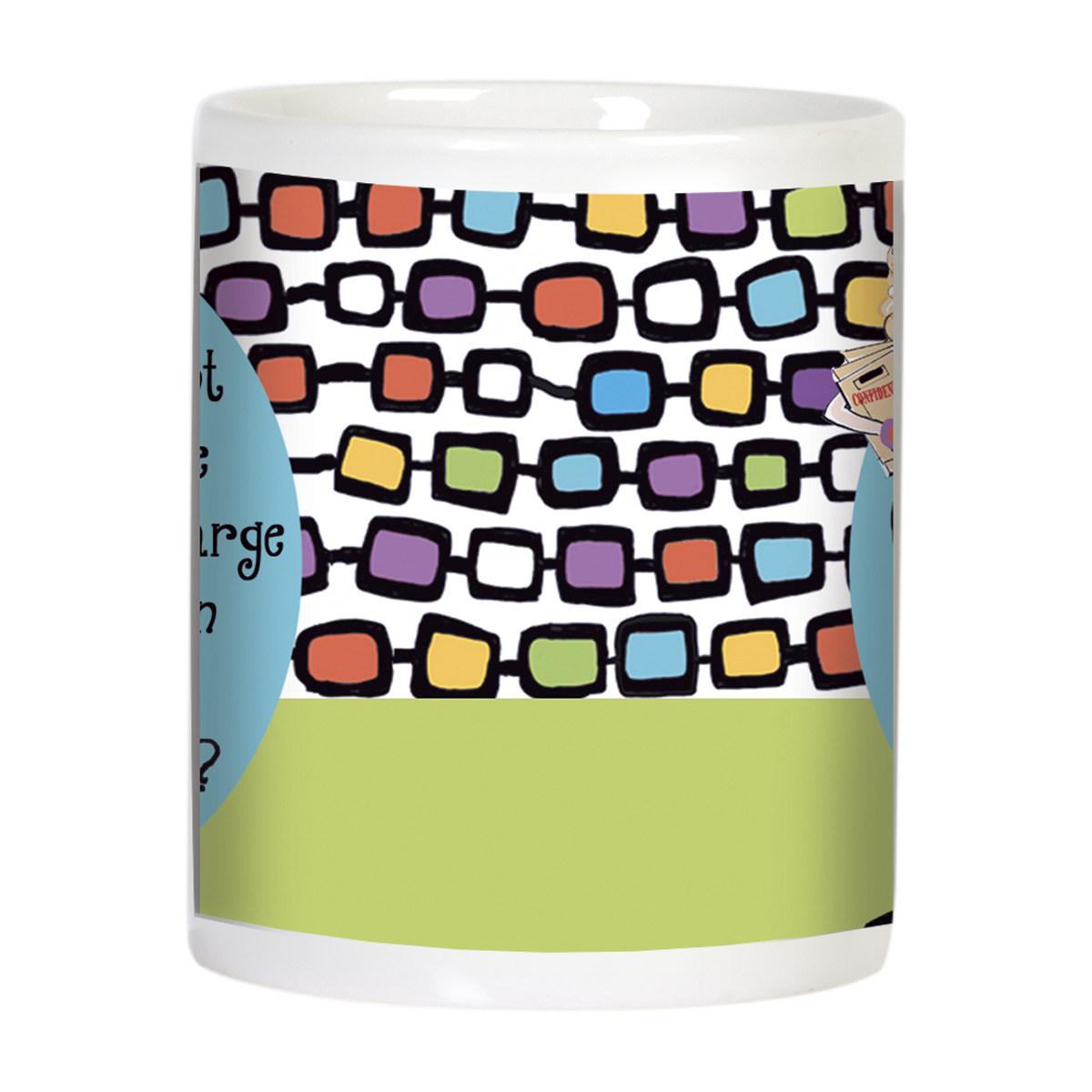 Side view of the Sassy Boss Lady ceramic mug, showcasing the colorful retro geometric pattern and partial text 'Do you want to talk to the man in charge or the woman who knows what's going on?'