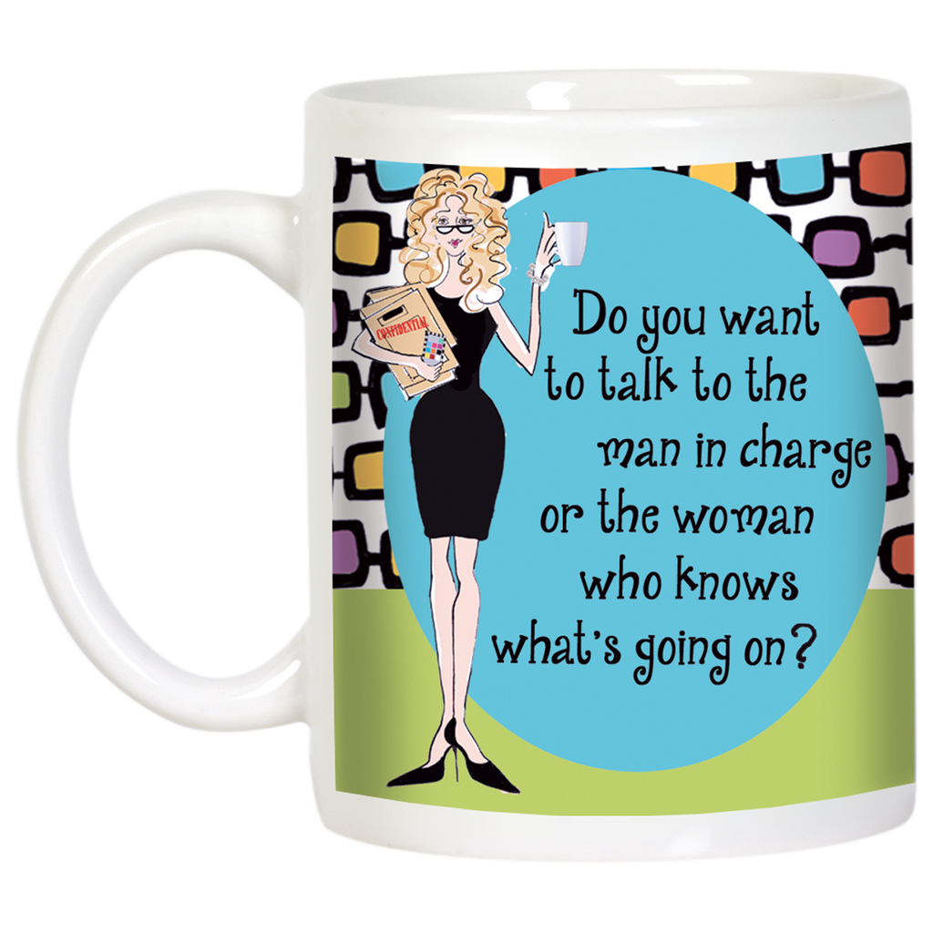 Sassy Boss Lady coffee mug, front view, featuring a confident blonde woman cartoon, a witty quote, and a vibrant retro design, perfect for professional women.