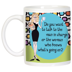 Sassy Boss Lady coffee mug, front view, featuring a confident blonde woman cartoon, a witty quote, and a vibrant retro design, perfect for professional women.