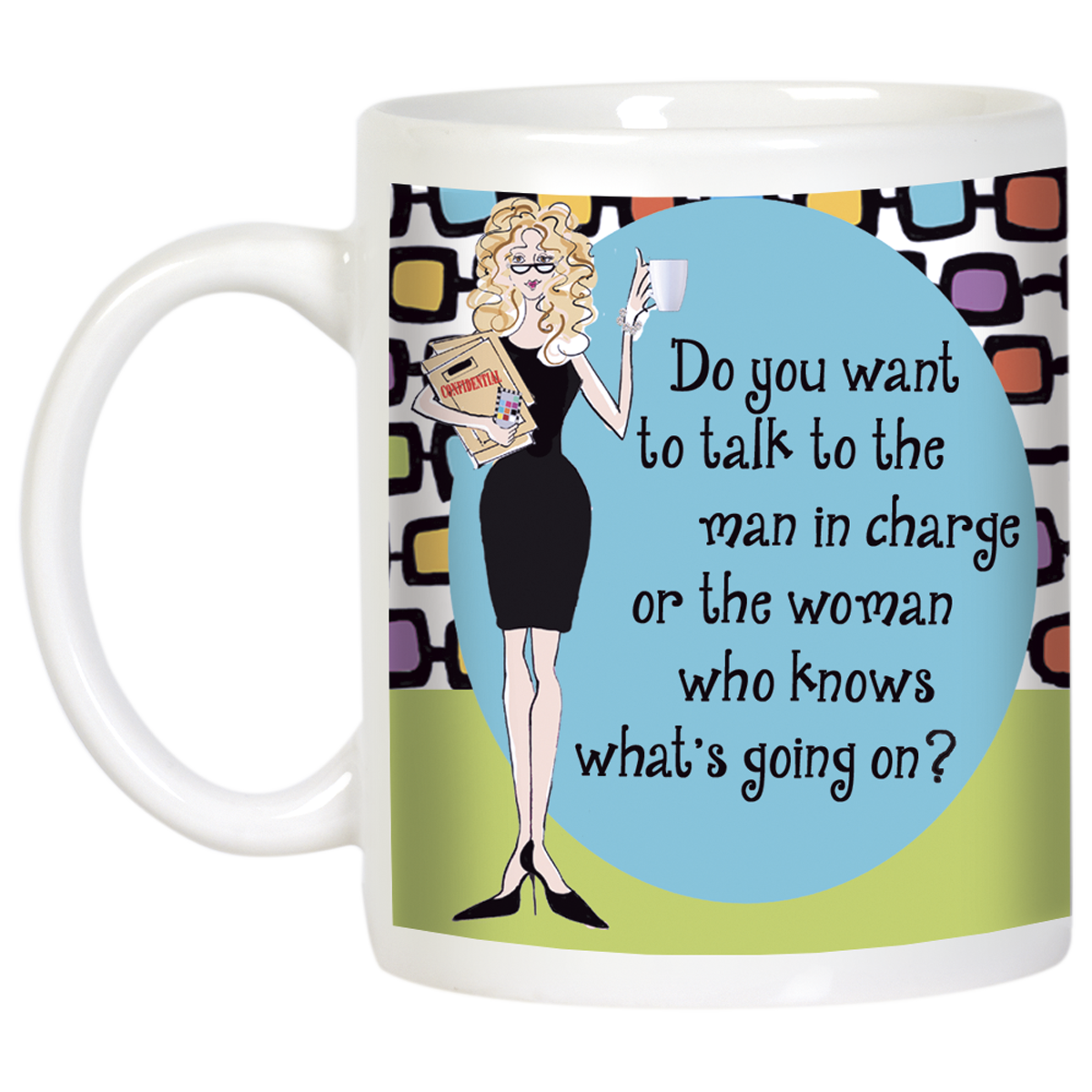 Sassy Boss Lady coffee mug, front view, featuring a confident blonde woman cartoon, a witty quote, and a vibrant retro design, perfect for professional women.