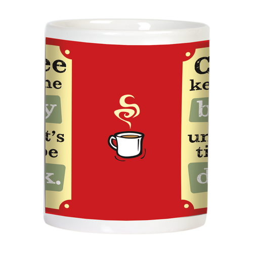 Side view of the humorous white ceramic coffee mug, showing a small steaming coffee cup icon on a solid red background. Ideal for a funny novelty mug.