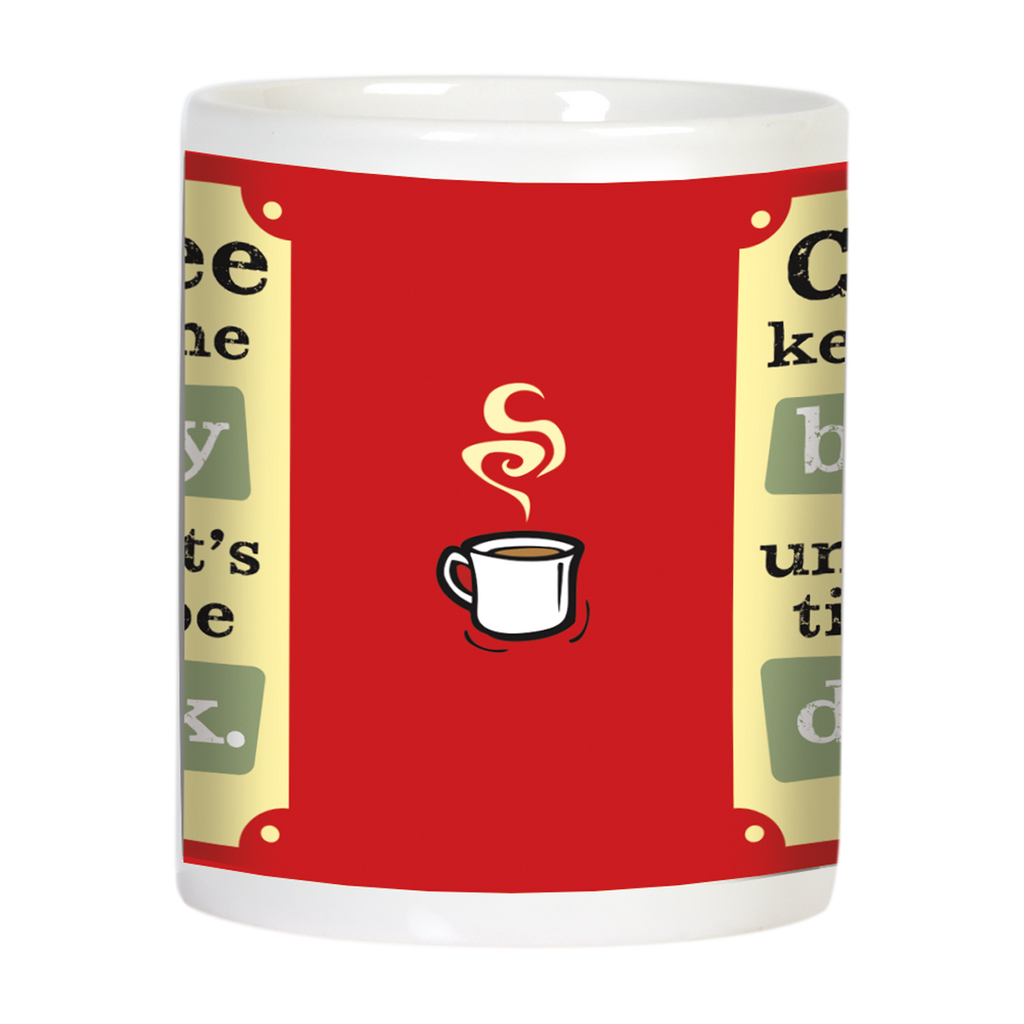 Side view of the humorous ceramic coffee mug, showing a red background with a small steaming coffee cup icon, partially revealing the witty text from the front design.