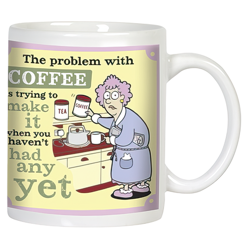 Front view of a funny white ceramic coffee mug featuring a confused woman in a robe struggling to make coffee before her first sip, with the humorous text 'The problem with COFFEE is trying to make it when you haven't had any yet.' Perfect for coffee lovers.
