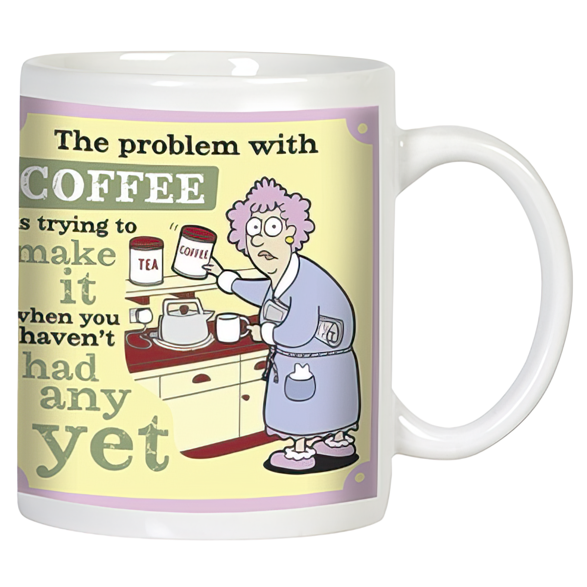 Front view of a funny white ceramic coffee mug featuring a confused woman in a robe struggling to make coffee before her first sip, with the humorous text 'The problem with COFFEE is trying to make it when you haven't had any yet.' Perfect for coffee lovers.