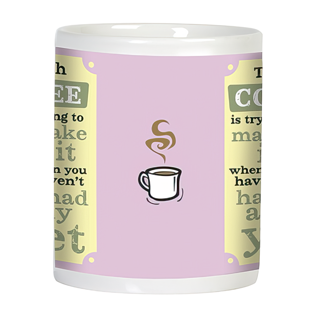 Side view of the 'Pre-Coffee Problems' mug, showcasing a steaming coffee cup icon on a light pink background, complementing the humorous illustration and text about morning coffee struggles.