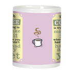 Side view of the 'Pre-Coffee Problems' mug, showcasing a steaming coffee cup icon on a light pink background, complementing the humorous illustration and text about morning coffee struggles.