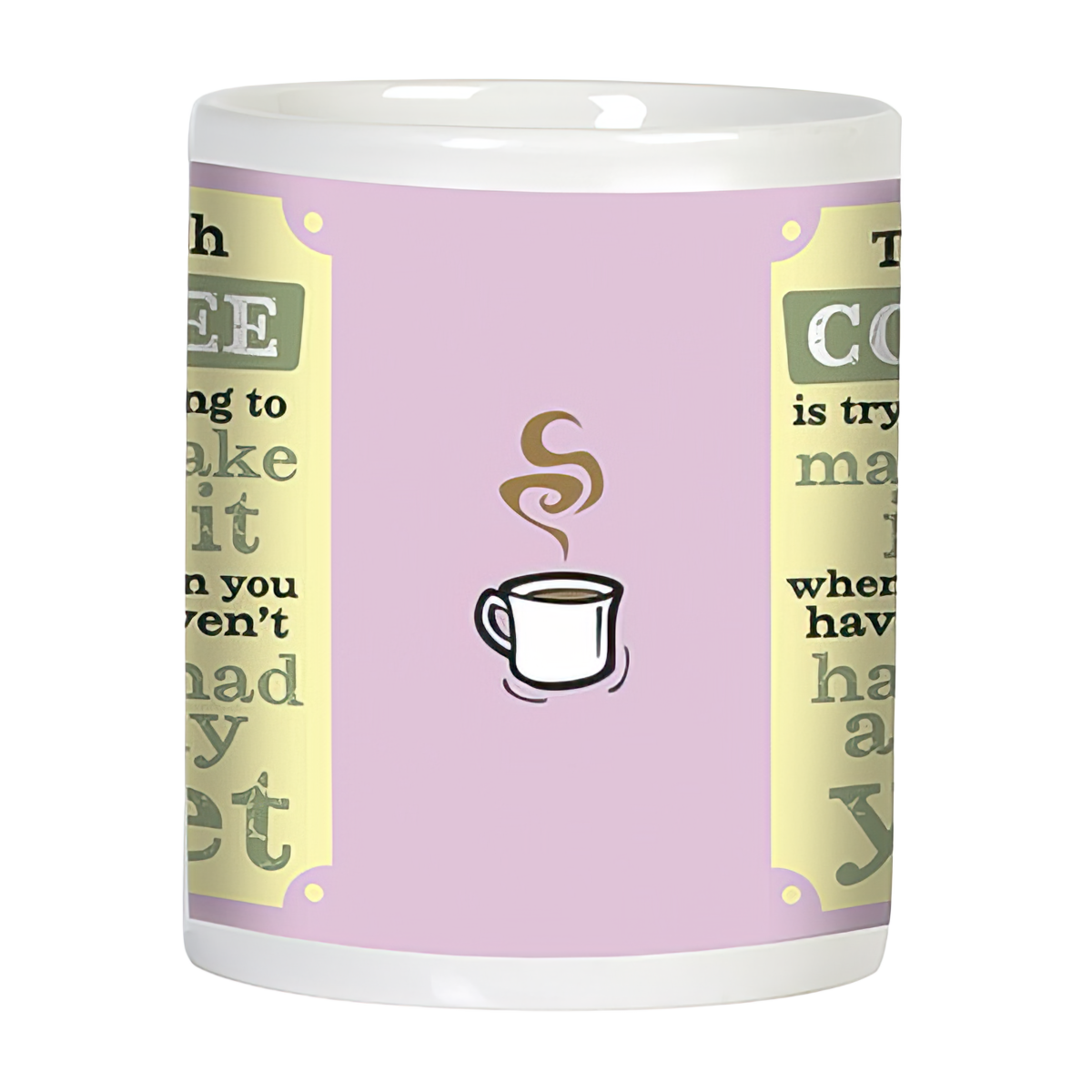 Side view of the 'Pre-Coffee Problems' mug, showcasing a steaming coffee cup icon on a light pink background, complementing the humorous illustration and text about morning coffee struggles.