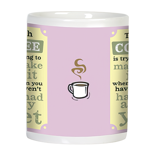 Side view of the 'Pre-Coffee Problems' mug, showcasing a steaming coffee cup icon on a light pink background, complementing the humorous illustration and text about morning coffee struggles.