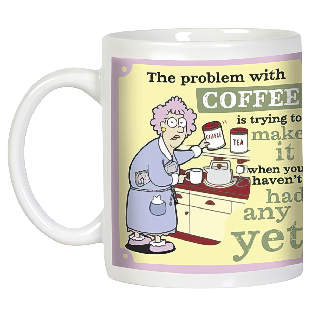 Angled view of a humorous coffee mug displaying a cartoon character attempting to brew coffee with difficulty, illustrating the relatable struggle of 'The problem with COFFEE' before caffeine kicks in. Ideal gift mug.