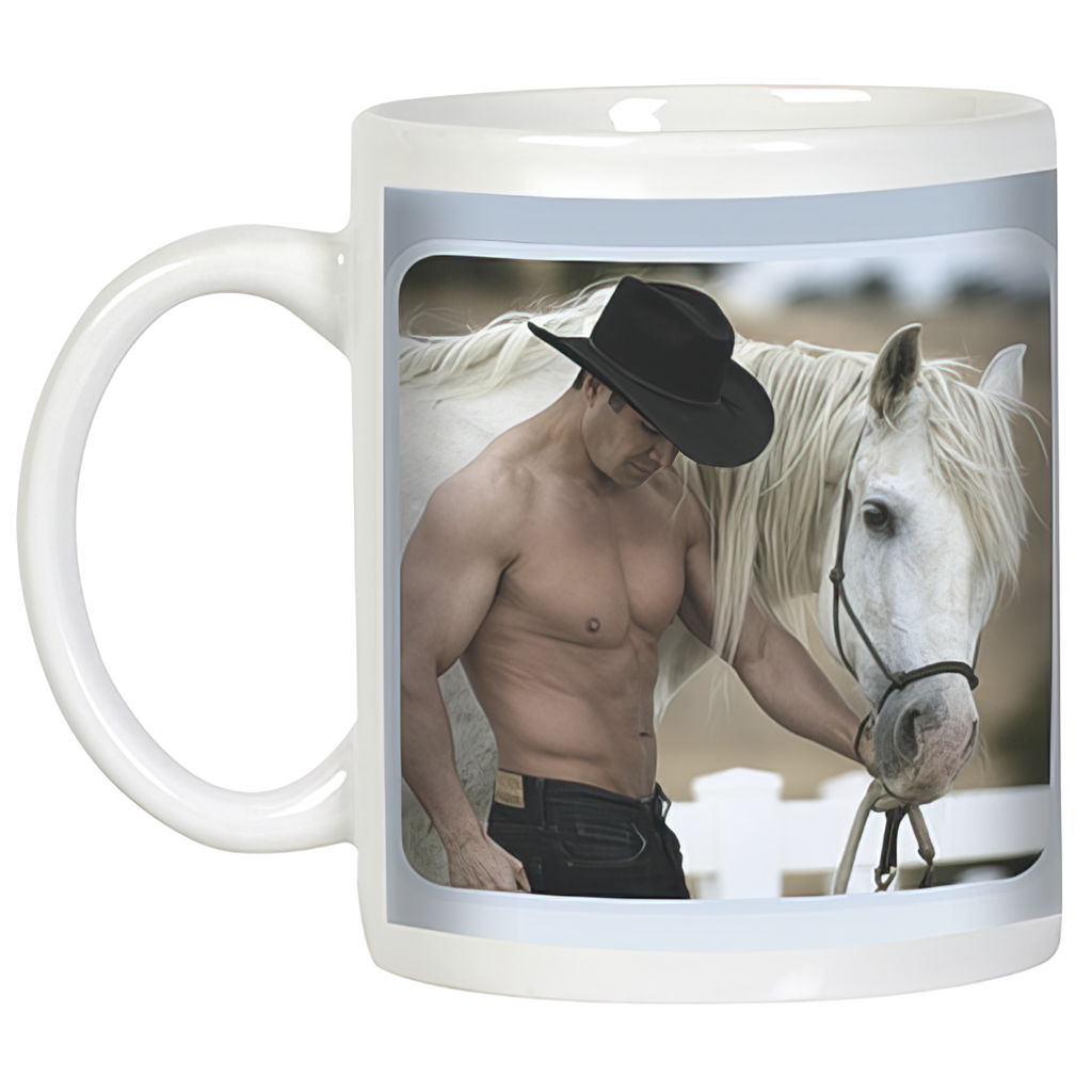 White coffee mug showcasing a striking image of a muscular man in a cowboy hat and jeans, bare-chested, petting a beautiful white horse, emphasizing the charming and humorous design.
