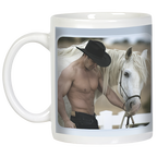 White coffee mug showcasing a striking image of a muscular man in a cowboy hat and jeans, bare-chested, petting a beautiful white horse, emphasizing the charming and humorous design.