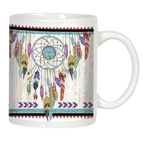 Front view of a white ceramic mug featuring a vibrant, multi-colored dreamcatcher design with various feathers and a prominent turquoise stone, set against a distressed white wood-grain background, bordered by red and teal geometric patterns.