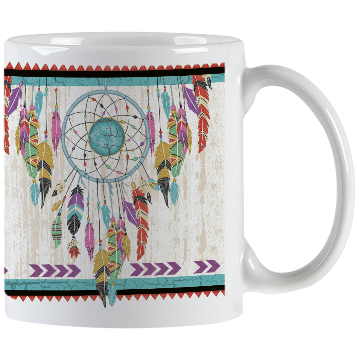 White ceramic mug featuring a vibrant Native American inspired dreamcatcher design with colorful feathers and an artisan turquoise center, handle visible.