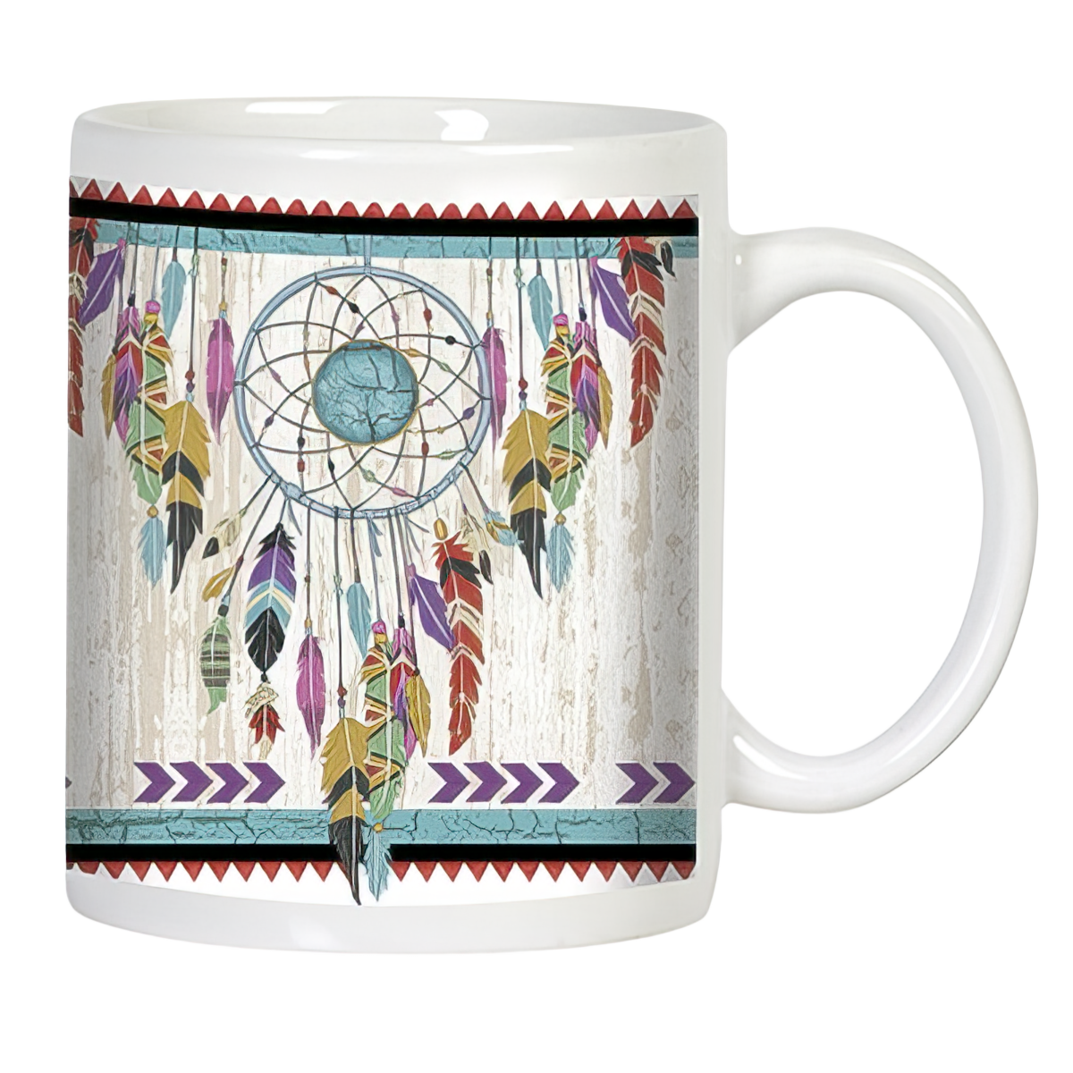 White ceramic mug featuring a vibrant dream catcher design with colorful feathers against a rustic wood-grain background, perfect for a motivational gift.
