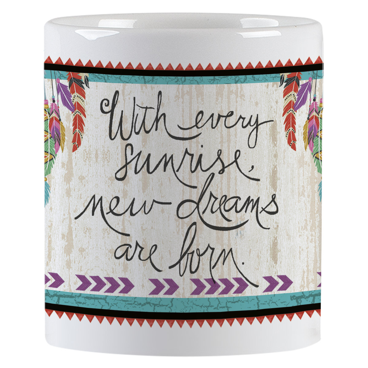 Inspirational white ceramic mug with the quote "With every sunrise, new dreams are born." in elegant script on a rustic wood-grain background with feather details.