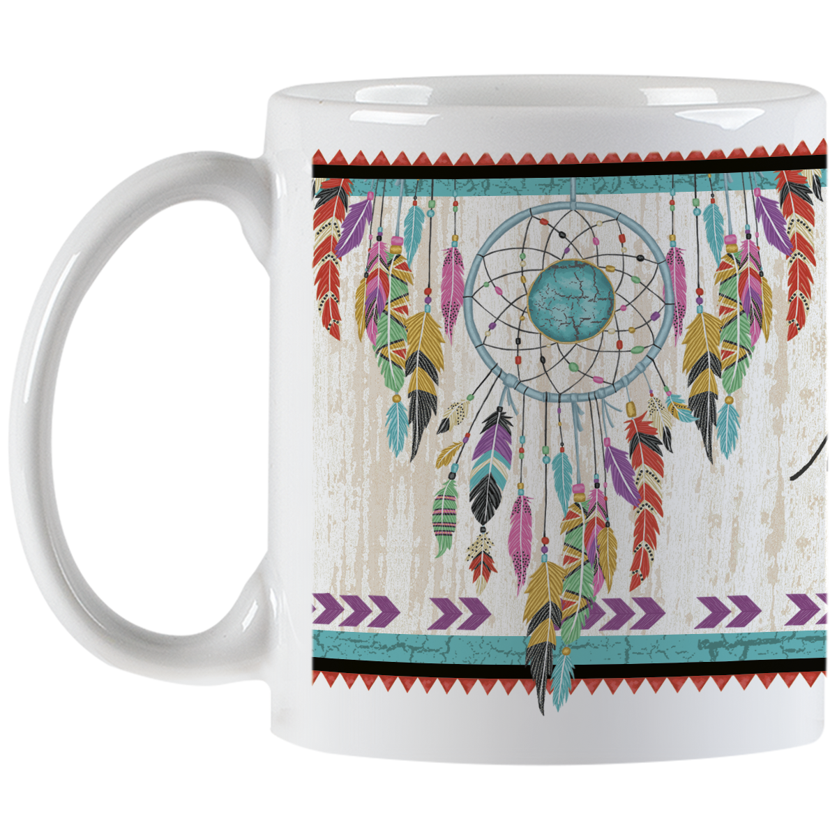 White ceramic mug displaying a beautiful dreamcatcher graphic with multi-colored feathers and a central turquoise stone, beside part of the inspiring 'new dreams are born' quote.