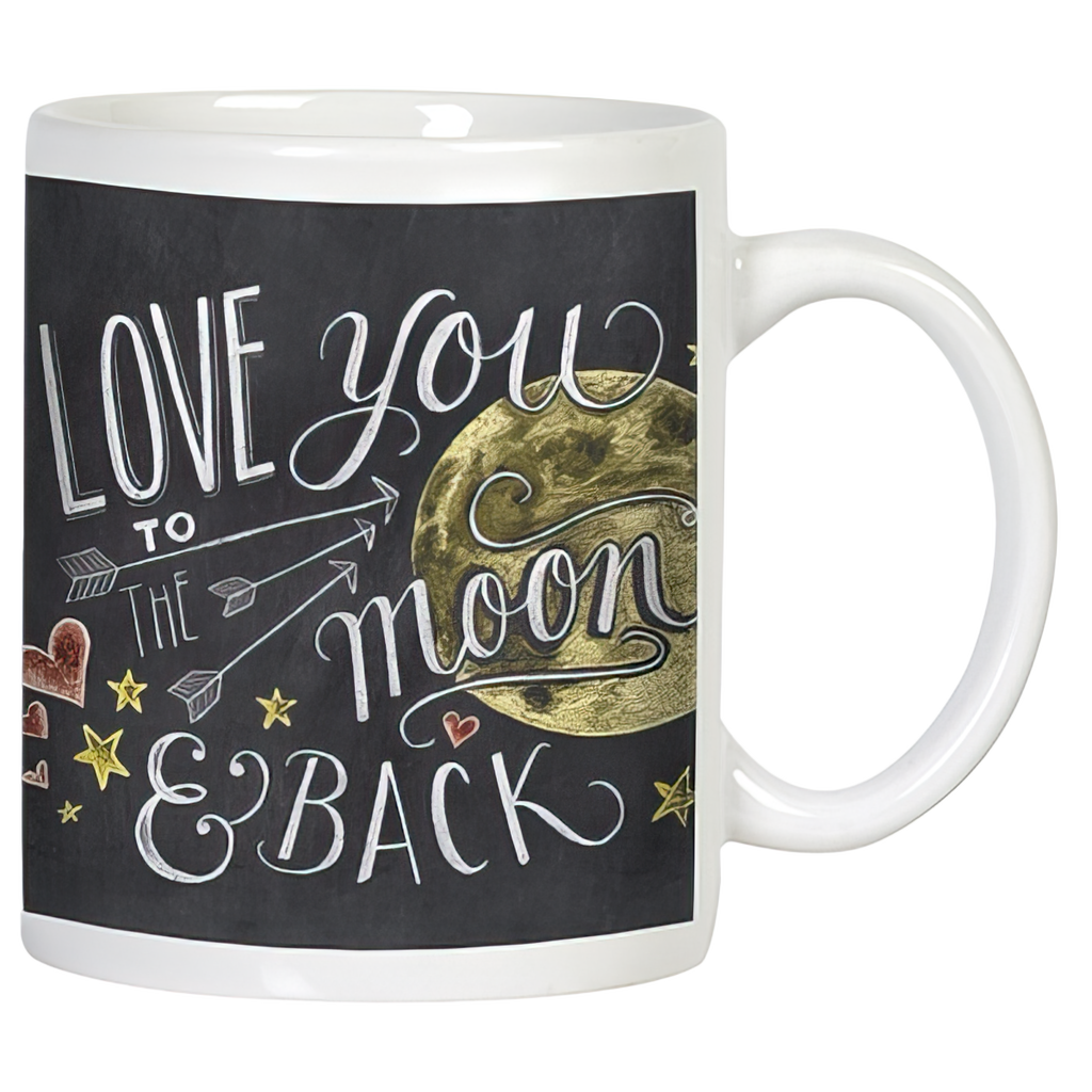 White ceramic mug with 'LOVE YOU TO THE MOON & BACK' in chalk-style lettering on a black background, featuring a golden moon, arrows, hearts, and stars. Perfect heartfelt gift.