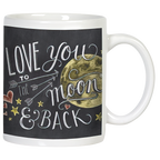 White ceramic mug with 'LOVE YOU TO THE MOON & BACK' in chalk-style lettering on a black background, featuring a golden moon, arrows, hearts, and stars. Perfect heartfelt gift.