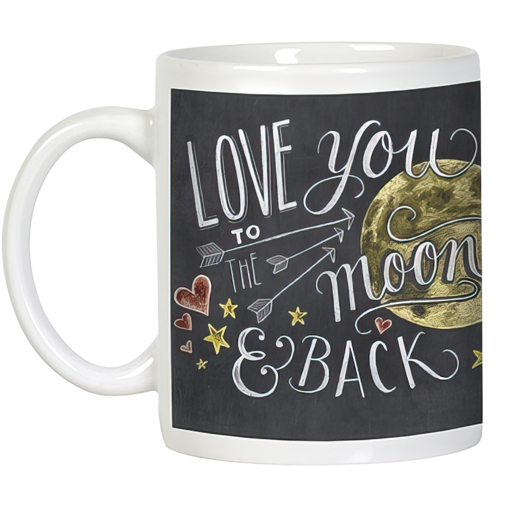 White ceramic mug with 'LOVE YOU TO THE MOON & BACK' in chalk-style lettering on a black background, featuring a golden moon, arrows, hearts, and stars. Perfect heartfelt gift.
