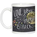 White ceramic mug with 'LOVE YOU TO THE MOON & BACK' in chalk-style lettering on a black background, featuring a golden moon, arrows, hearts, and stars. Perfect heartfelt gift.