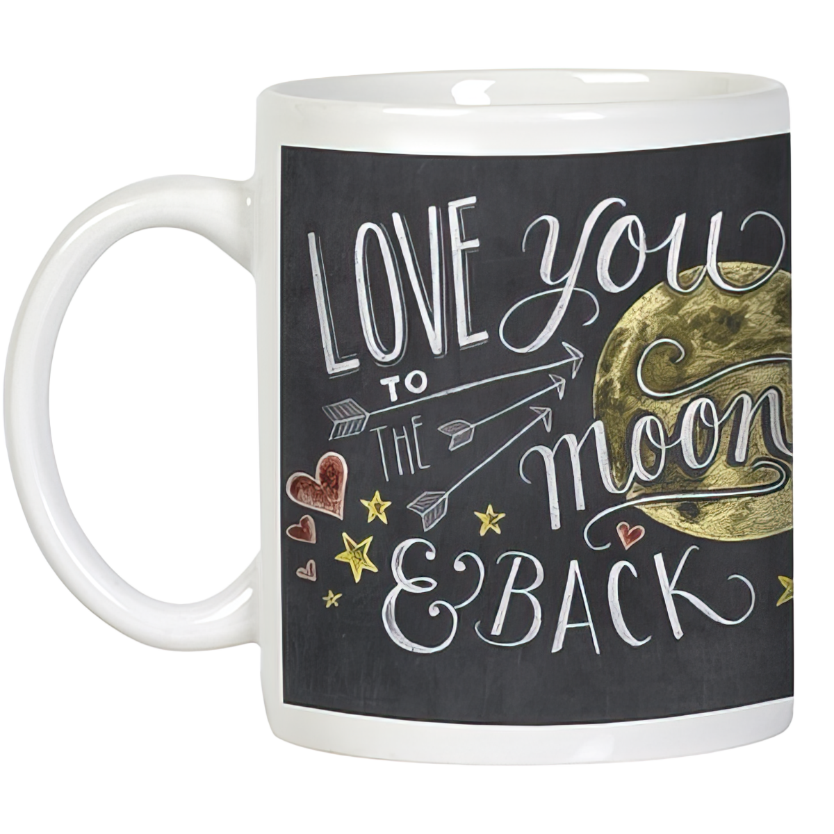 White ceramic mug with 'LOVE YOU TO THE MOON & BACK' in chalk-style lettering on a black background, featuring a golden moon, arrows, hearts, and stars. Perfect heartfelt gift.