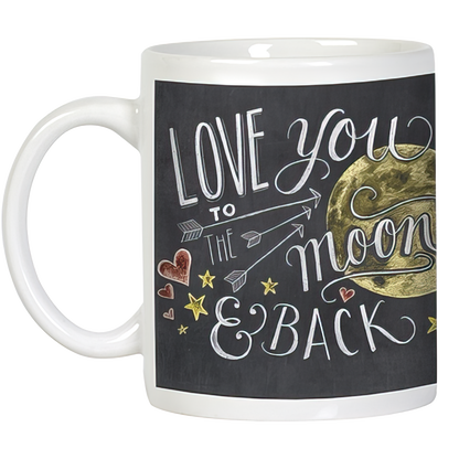 Angled view of the white ceramic mug with 'Love You to the Moon & Back' design, highlighting the handle and full text.