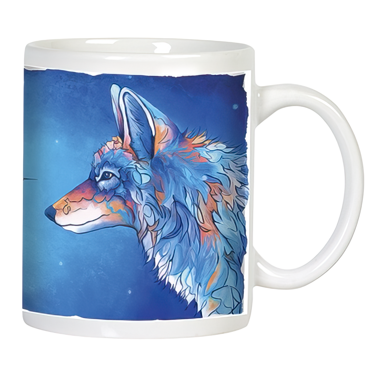 Close-up of a white ceramic mug featuring an artistic, colorful fox or coyote head in profile against a deep blue, starry background. The design has shades of blue, orange, and white.